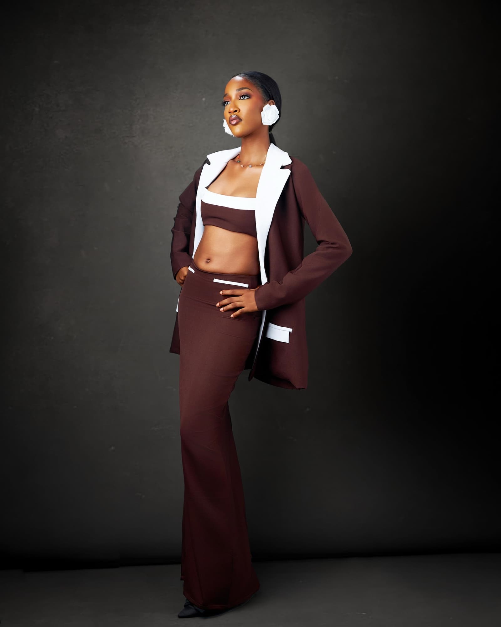 Chocolate brown two piece with a cream trimmed jacket